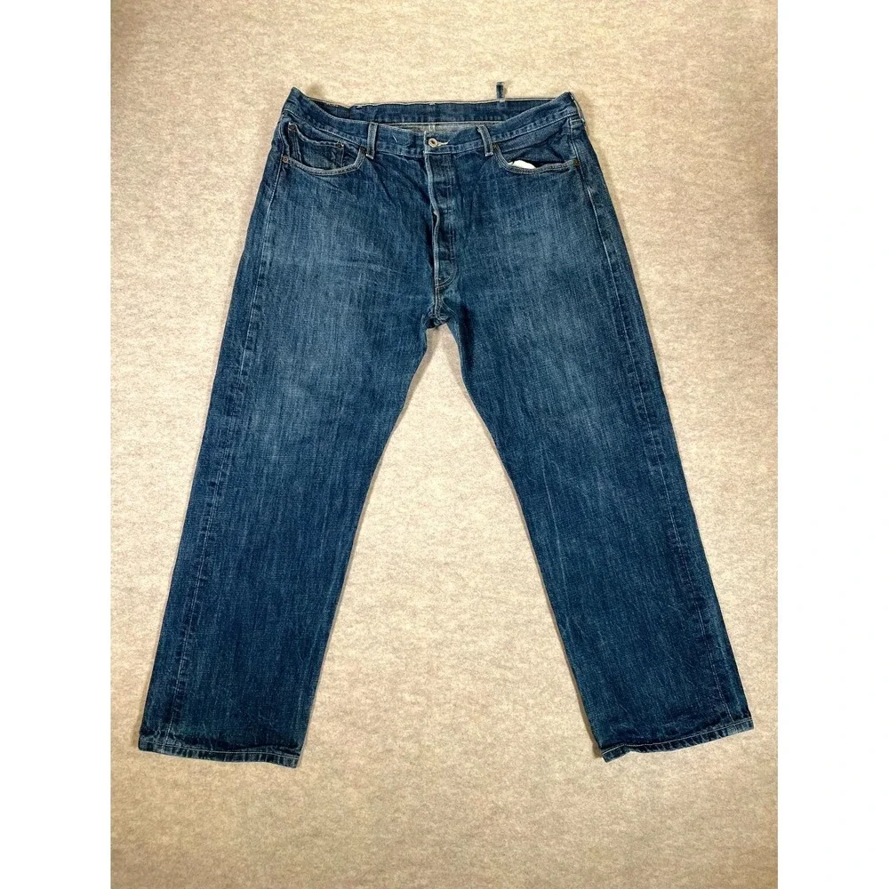 Levis 501 Original Fit Jeans Mens 40x32 Blue Whiskered Denim Straight Leg Cotton